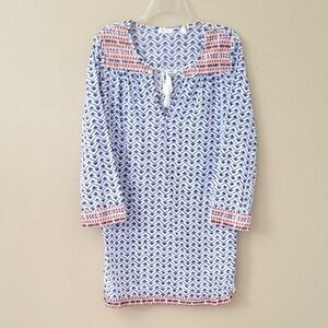 Soft Joie Blue Boho Southwestern Printed Tassel Front Cotton Tunic - Size Medium